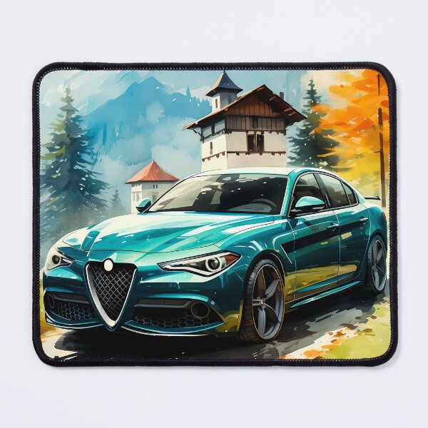 Item preview, Sports car cruising past alpine village in autumn designed and sold by RevUpDesign.