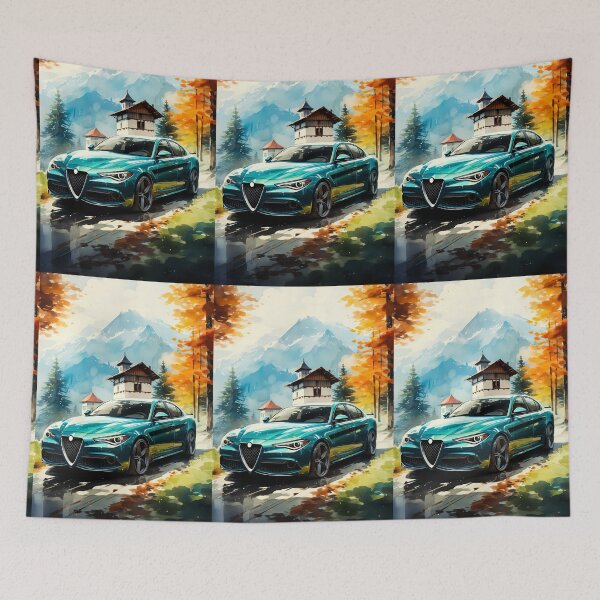 Item preview, Sports car cruising past alpine village in autumn designed and sold by RevUpDesign.