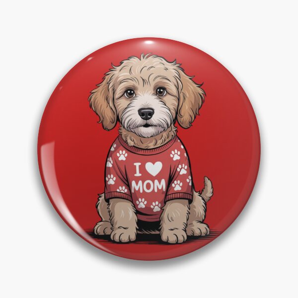 Item preview, Goldendoodle sittingg and wearing a red shirt patterned with paw prints and the text "I ❤️ MOM" designed and sold by 123ks.