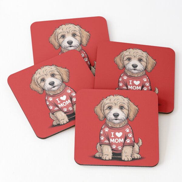 Item preview, Goldendoodle sittingg and wearing a red shirt patterned with paw prints and the text "I ❤️ MOM" designed and sold by 123ks.