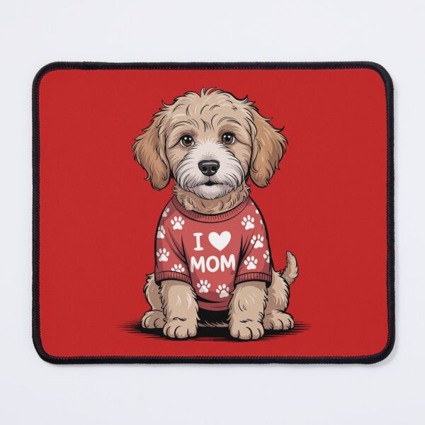 Item preview, Goldendoodle sittingg and wearing a red shirt patterned with paw prints and the text "I ❤️ MOM" designed and sold by 123ks.