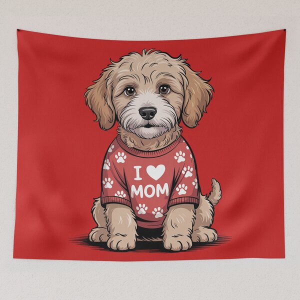 Item preview, Goldendoodle sittingg and wearing a red shirt patterned with paw prints and the text "I ❤️ MOM" designed and sold by 123ks.