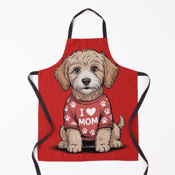 Item preview, Goldendoodle sittingg and wearing a red shirt patterned with paw prints and the text "I ❤️ MOM" designed and sold by 123ks.