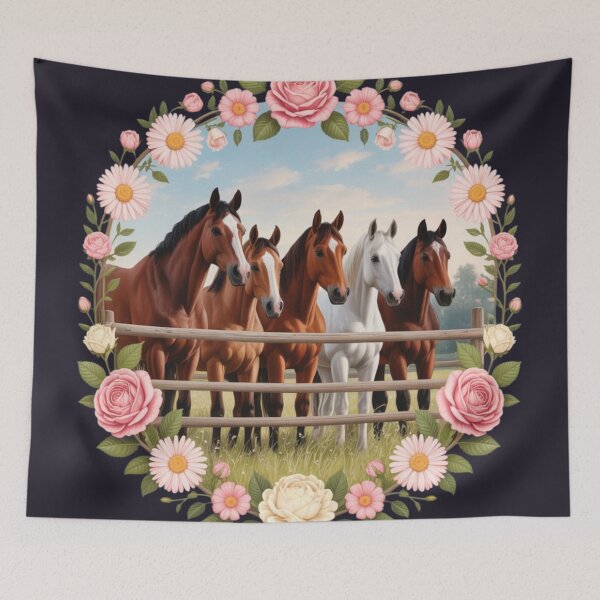 Item preview, a group of horses standing behind a wooden fence designed and sold by 123ks.