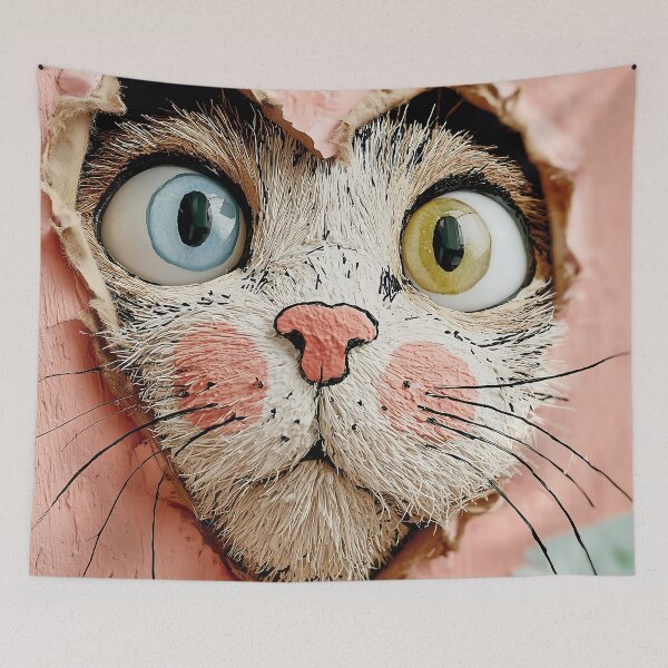Item preview, Heterochromia Peekaboo Cat – Cute Curious Kitty Art Through Wooden Wall designed and sold by olenadykun.ai.