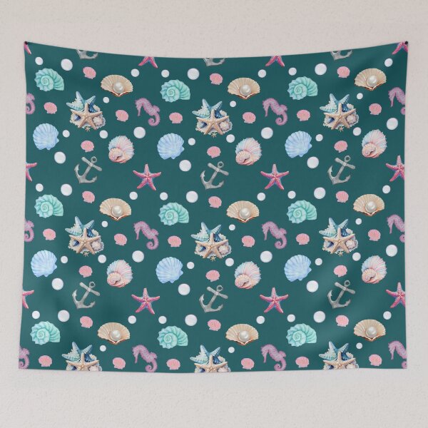 Item preview, Beach Seashell Pattern – Pastel Starfish, Seahorses & Pearls designed and sold by HANG ON STUDIO .