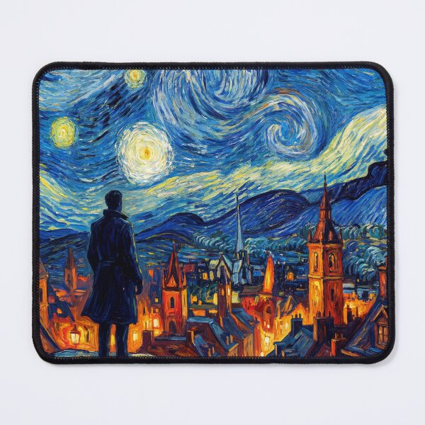 Item preview, Starry Night Cityscape – Van Gogh Inspired Painting with Lone Figure designed and sold by AbstractAuraArt.