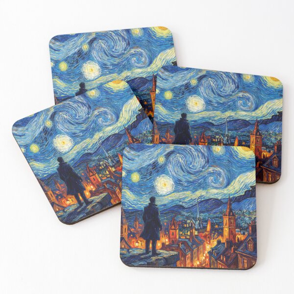 Item preview, Starry Night Cityscape – Van Gogh Inspired Painting with Lone Figure designed and sold by AbstractAuraArt.