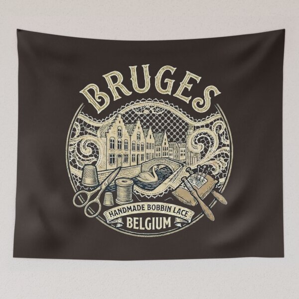Item preview, Bruges Belgium Rozenhoedkaai Vintage Travel Souvenir - Handmade Bobbin Lace, Canals & Swan - Antique Wood Brown edition designed and sold by Miss Cutie Designs.