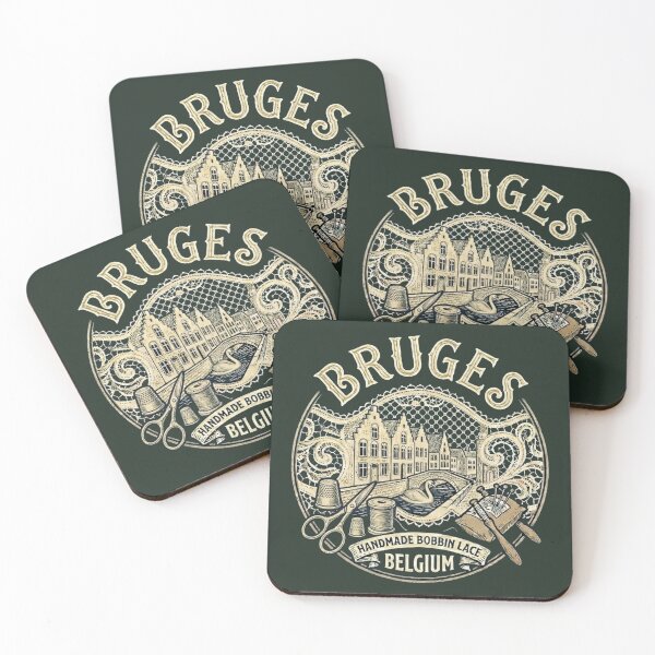 Item preview, Bruges Belgium Rozenhoedkaai Vintage Travel Souvenir - Handmade Bobbin Lace, Canals & Swan - Hunter Green edition designed and sold by Miss Cutie Designs.