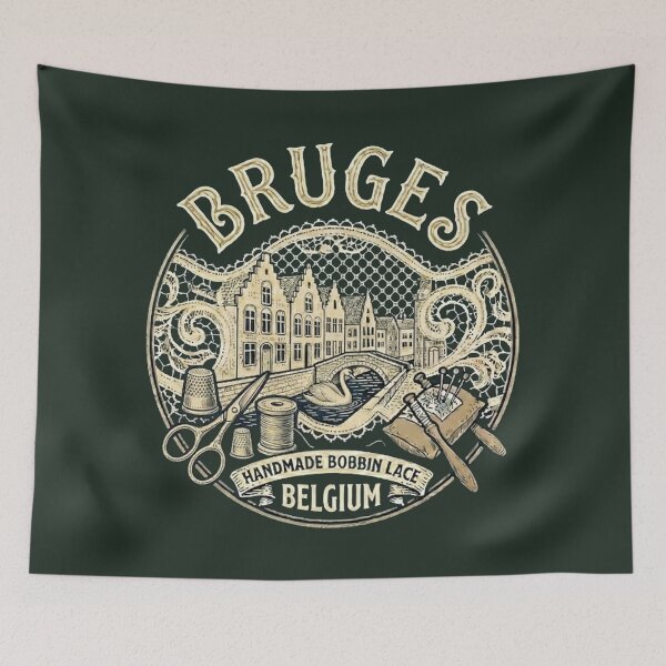 Item preview, Bruges Belgium Rozenhoedkaai Vintage Travel Souvenir - Handmade Bobbin Lace, Canals & Swan - Hunter Green edition designed and sold by Miss Cutie Designs.