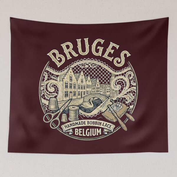 Item preview, Bruges Belgium Rozenhoedkaai Vintage Travel Souvenir - Handmade Bobbin Lace, Canals & Swan - Vintage Wine Burgundy edition designed and sold by Miss Cutie Designs.