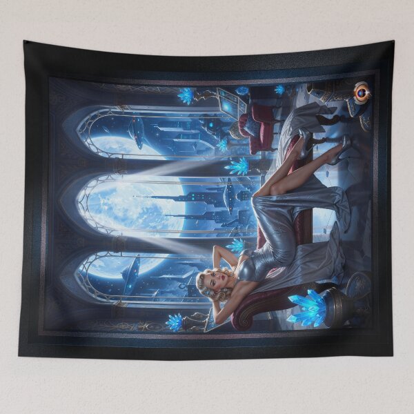 Item preview, Sylva Braunen Reclining On Chaise Amidst Cosmic Cityscape Alluring AI Concept Art by Xzendor7 designed and sold by Xzendor7 Digital Art Creations.