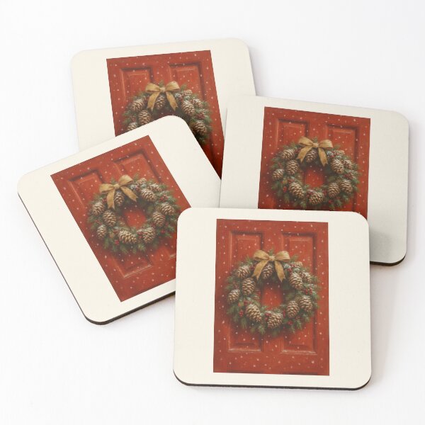 Item preview, Snowy Pinecone Wreath on a Red Door – Christmas Winter Art designed and sold by Novel Works Studio.