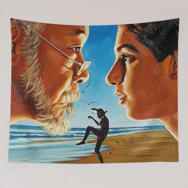Item preview, 80s Martial Arts Training Poster | Master and Student Beach Painting | Classic Crane Pose designed and sold by Art's Diner.
