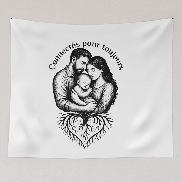 Aperçu de l'œuvre Famille Unie pour Toujours – Illustration Père Mère Bébé en Style Gravure créée et vendue par ArtSpark Studio.