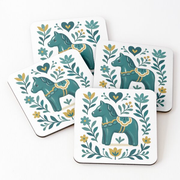 Item preview, Green Dala Horse with Nordic Floral Folk Design designed and sold by Gold Turtle  Lina.