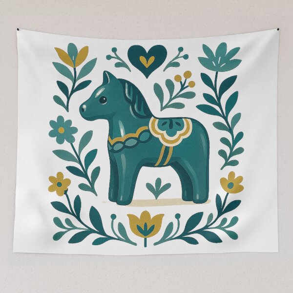 Item preview, Green Dala Horse with Nordic Floral Folk Design designed and sold by Gold Turtle  Lina.