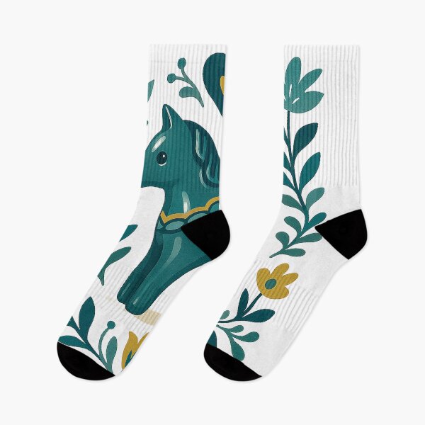 Item preview, Green Dala Horse with Nordic Floral Folk Design designed and sold by Gold Turtle  Lina.