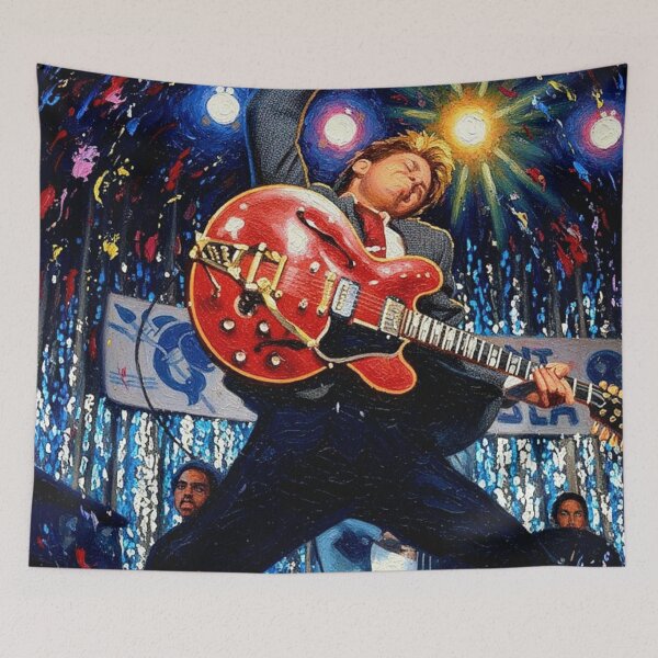 Item preview, 80s Time Travel Movie Rock and Roll Art | Vintage Red Guitar Stage Jump Painting | 50s Aesthetic designed and sold by Art's Diner.
