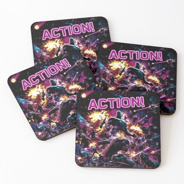Item preview, 80s Action Chaos Poster, designed for black fabrics designed and sold by SteadyRolling.