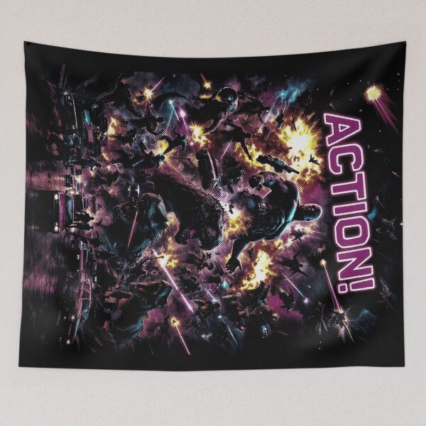 Item preview, 80s Action Chaos Poster, designed for black fabrics designed and sold by SteadyRolling.
