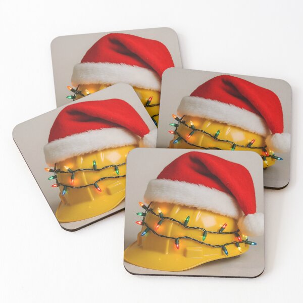 Item preview, Light Yellow Construction Hard Hat with Santa Hat and Christmas Lights on Beige Background	 designed and sold by EmeraldeaDesign.