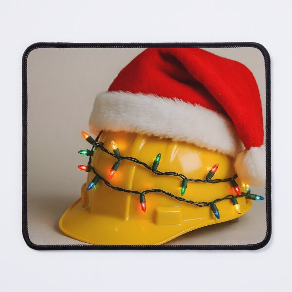 Item preview, Light Yellow Construction Hard Hat with Santa Hat and Christmas Lights on Beige Background designed and sold by EmeraldeaDesign.