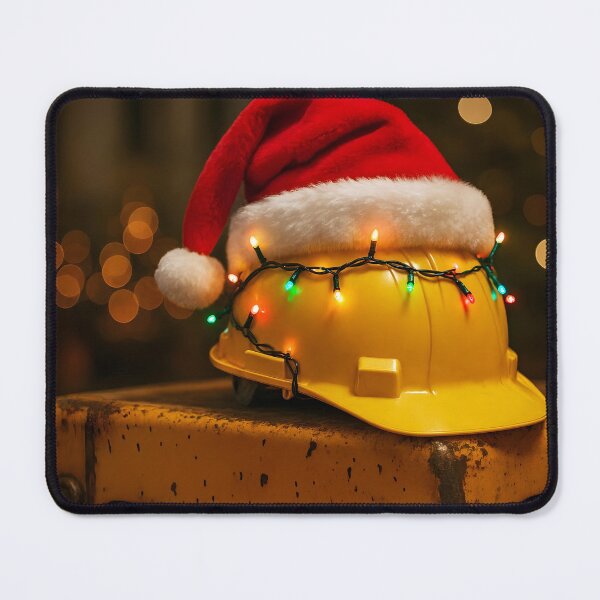 Item preview, Yellow Safety Helmet with Santa Hat and Wrapped Christmas Lights on Dirty Construction Site designed and sold by EmeraldeaDesign.