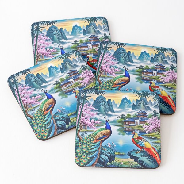 Item preview, Chinese Scenic Peacock & Golden Pheasant — Vibrant Lake Landscape Art designed and sold by wpsstudio.
