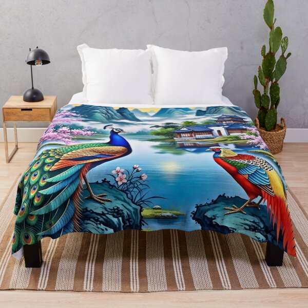 Item preview, Chinese Scenic Peacock & Golden Pheasant — Vibrant Lake Landscape Art designed and sold by wpsstudio.
