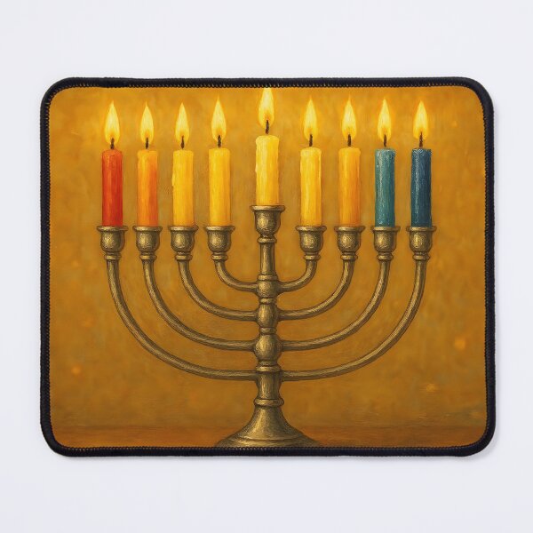 Item preview, Golden Menorah – Colorful Candles on Mustard Textured Background designed and sold by EmeraldeaDesign.