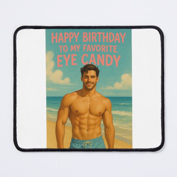 Item preview, Happy Birthday Greeting Featuring Shirtless Beach Hunk and Cheeky Eye Candy Message designed and sold by Aryabek.