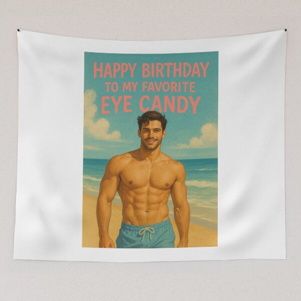Item preview, Happy Birthday Greeting Featuring Shirtless Beach Hunk and Cheeky Eye Candy Message designed and sold by Aryabek.