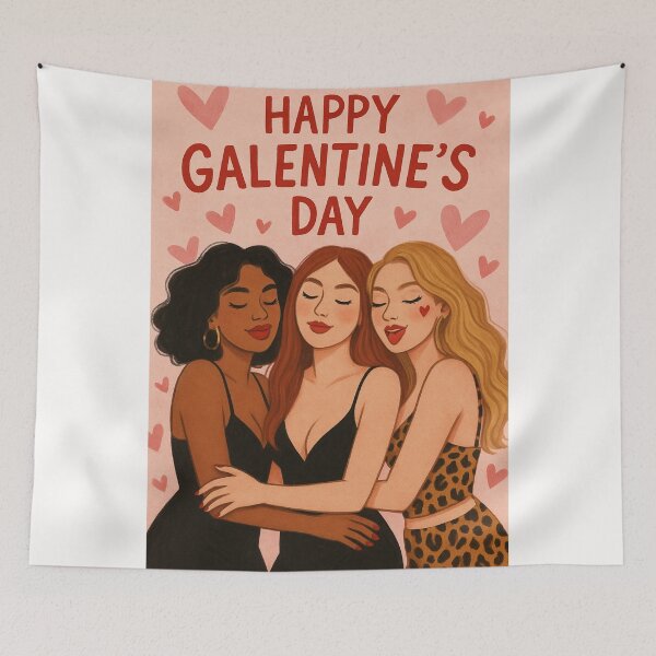 Item preview, Chic Galentine’s Greeting with Close-Knit Trio in Bold Outfits and Loving Embrace designed and sold by Places On Earth.