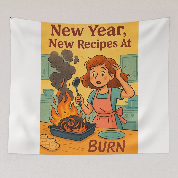 Item preview, Funny New Year Cooking Fail Greeting with Woman and Flaming Oven Dish designed and sold by Places On Earth.