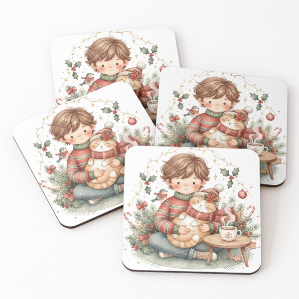 Item preview, Holiday Hugs & Warm Cocoa – Cozy Christmas Boy and Cat Watercolor Art designed and sold by Dream Bloom Gallery.