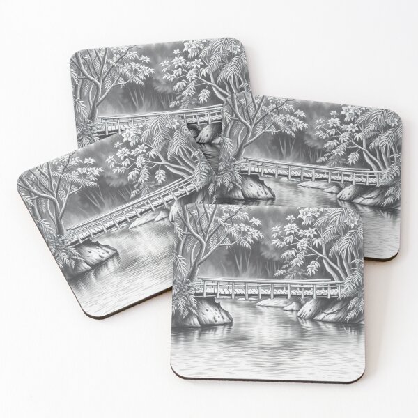 Item preview, Black and White Bridge in Forest Pencil Drawing Art Print designed and sold by EllDAV777.