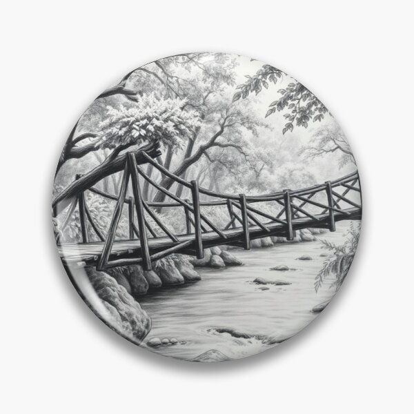 Item preview, Black and White Forest Bridge Pencil Drawing Art Print designed and sold by EllDAV777.
