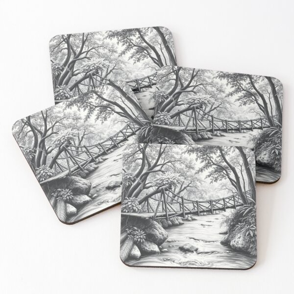 Item preview, Black and White Forest Bridge Pencil Drawing Art Print designed and sold by EllDAV777.