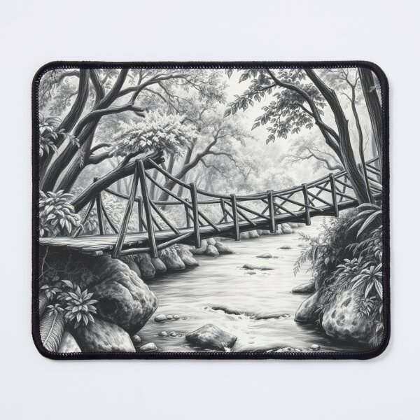 Item preview, Black and White Forest Bridge Pencil Drawing Art Print designed and sold by EllDAV777.