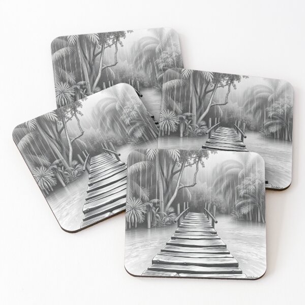Item preview, Black and White Rainy Jungle Pier - Tropical Wall Art Print designed and sold by EllDAV777.