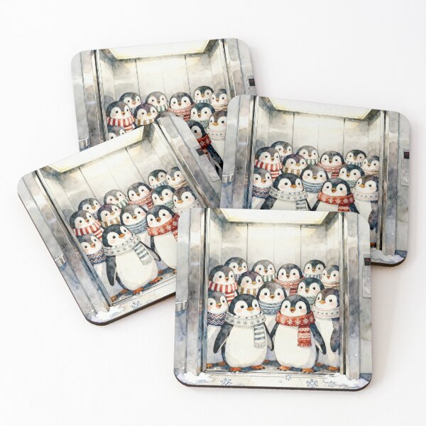 Item preview, Cute Winter Penguins in Elevator | Watercolor Christmas Animal Art designed and sold by Mammoths.