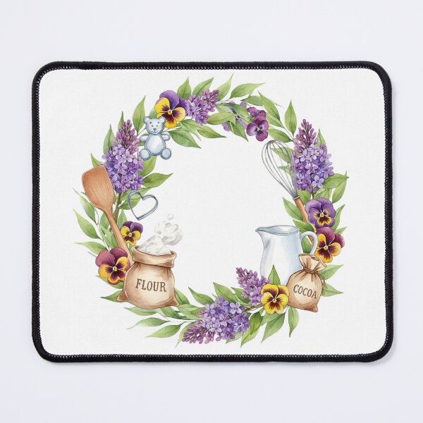 Item preview, Watercolor Baking Wreath: Cottagecore Floral Border with Flour, Cocoa, and Whisk designed and sold by VibranPalette.