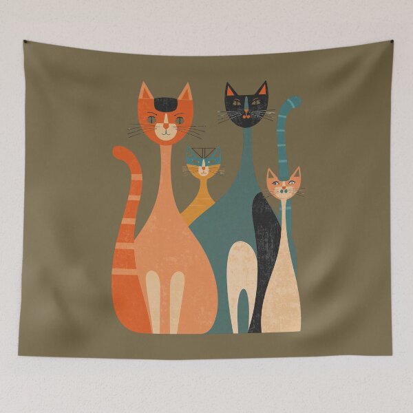 Item preview, Playful Family Of Cats In Bright Retro Portrait With Whiskered Friends And Long Tails designed and sold by Rue Design Company.