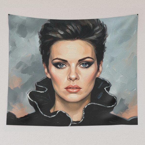 Item preview, 80s 90s Female Pop Star Portrait Art | Dramatic Black Ruffle Collar Painting | Intense Gaze designed and sold by Art's Diner.