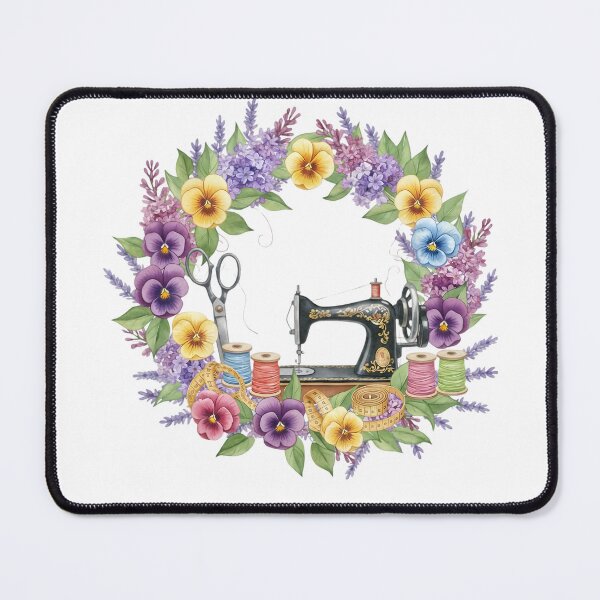 Item preview, Vintage Sewing Machine Floral Wreath: Cottagecore Pansy and Lilac Seamstress Art designed and sold by VibranPalette.
