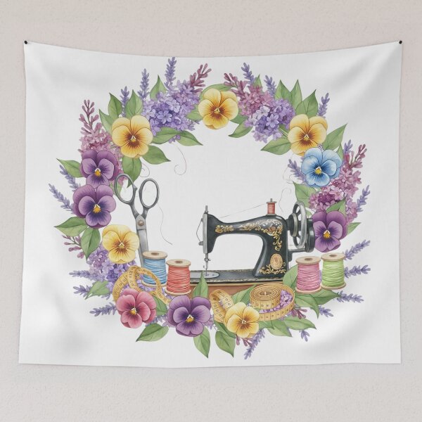 Item preview, Vintage Sewing Machine Floral Wreath: Cottagecore Pansy and Lilac Seamstress Art designed and sold by VibranPalette.