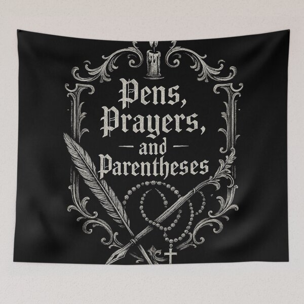 Item preview, Gothic Writer Quote Art – “Pens, Prayers, and Parentheses” Design – Dark Academia Aesthetic Illustration designed and sold by Mouraludia.