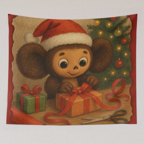 Item preview, Cheburashka in a Santa Hat Wrapping Gifts designed and sold by Russian101.